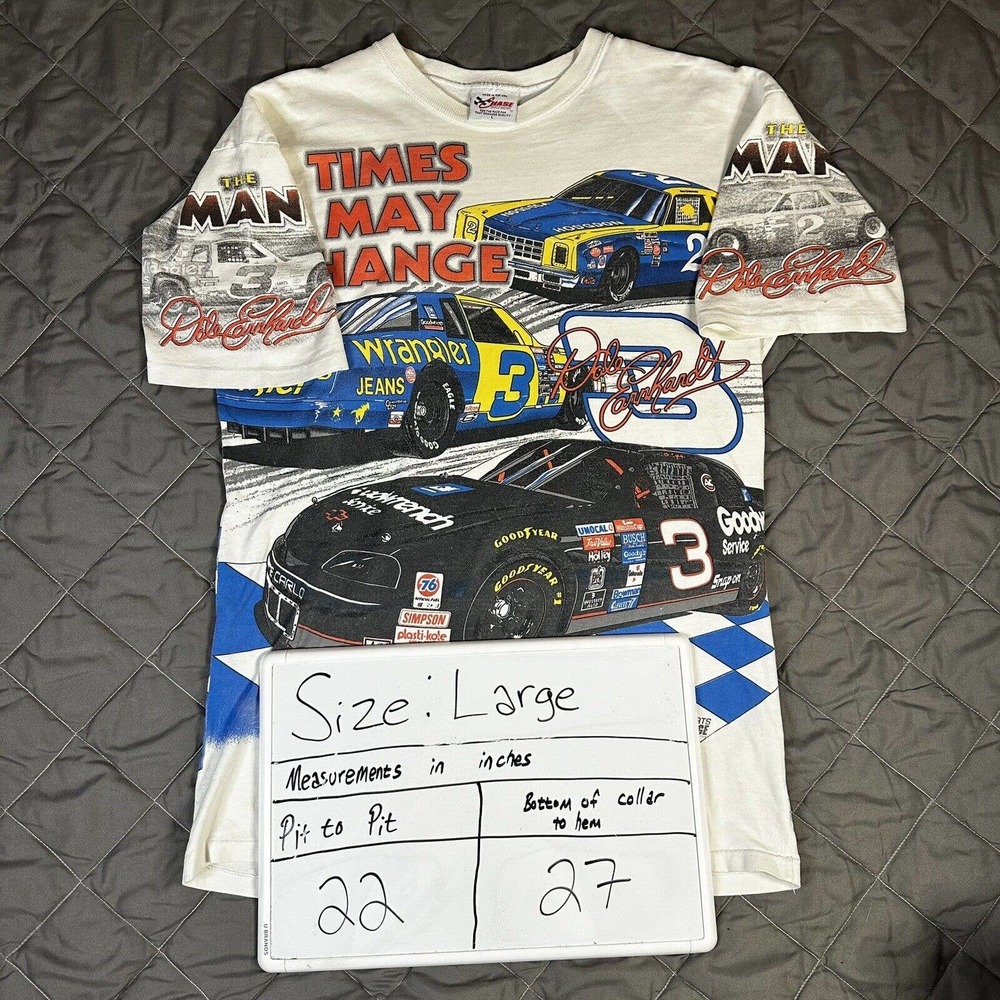 VINTAGE Chase Dale Earnhardt Shirt Large White AOP Nascar Times May Change 1996